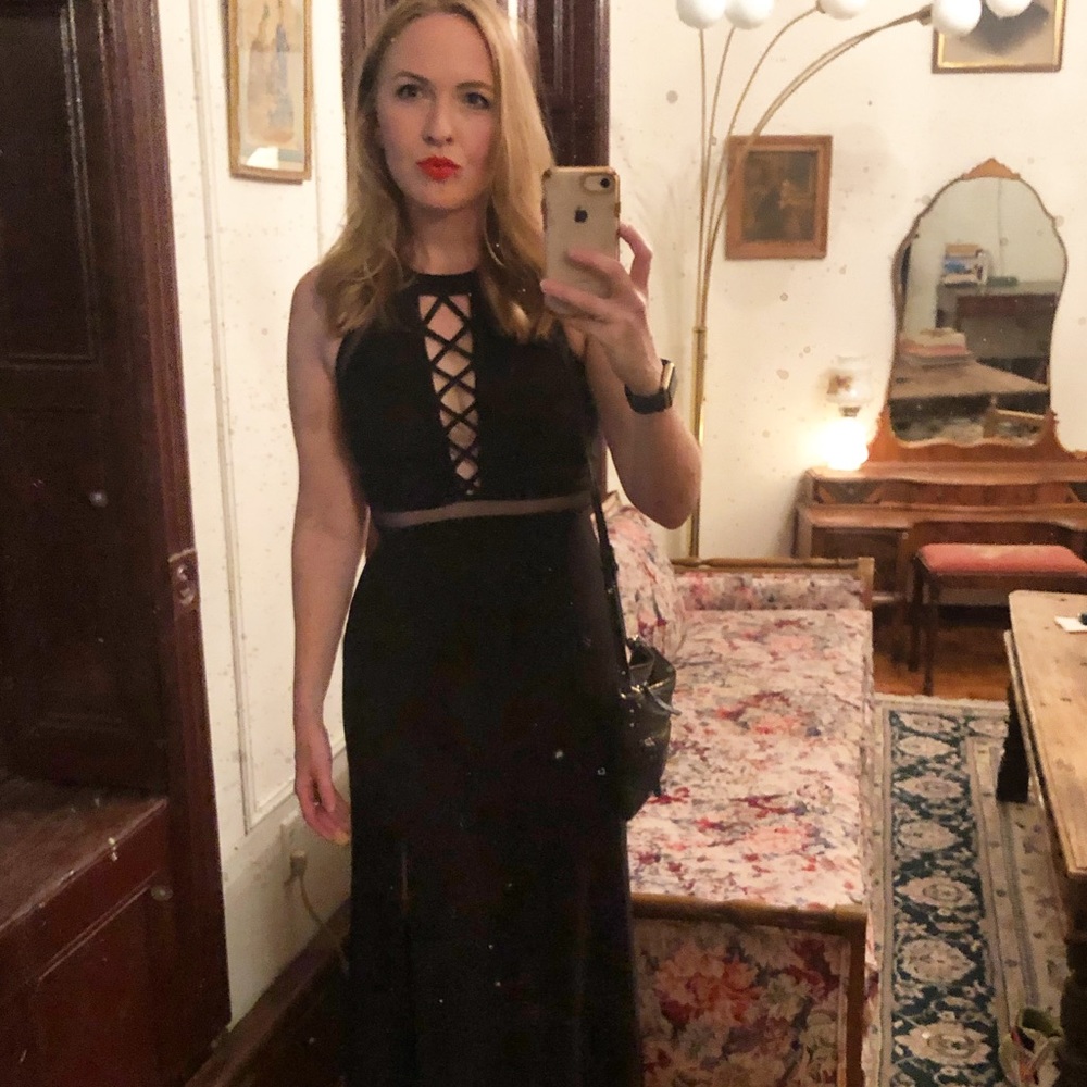 Sexy black floor length dress with peekaboo detail
